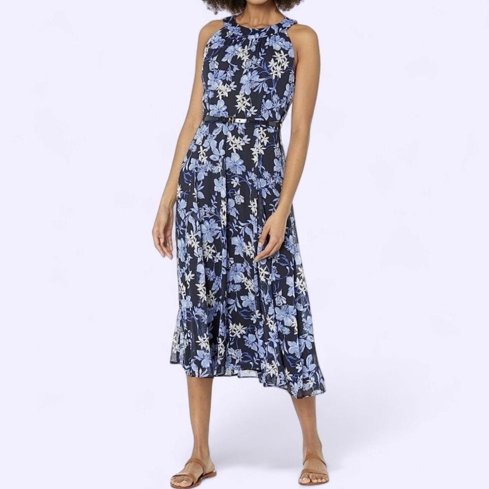 Tommy Hilfiger Blue Floral Midi Dress Belted Lined Elegant Size 12